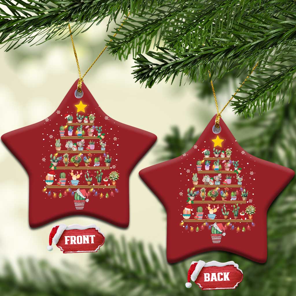 Two red star-shaped Christmas ornaments with stacked gift display and hanging loops