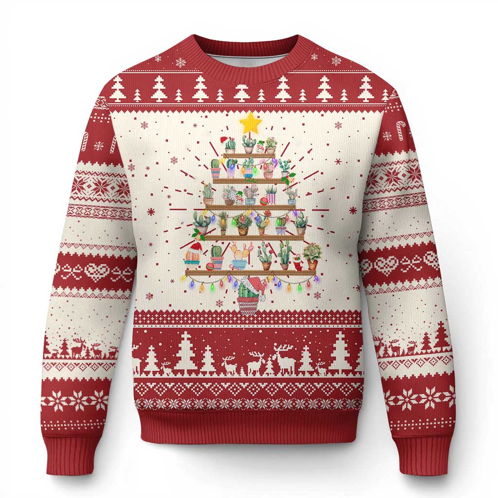 Red and cream Christmas sweater with tiered cactus garden graphic and fair isle trim