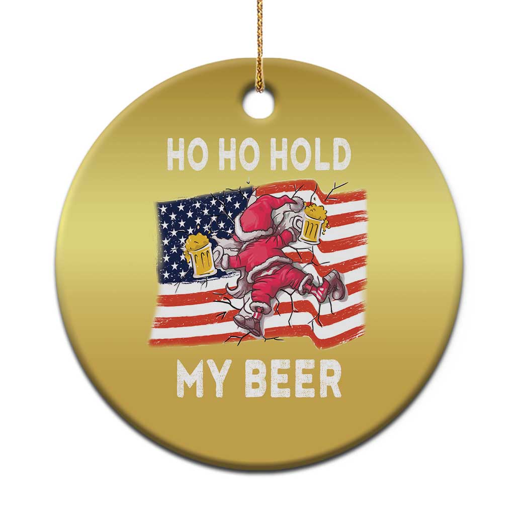 Gold round Christmas ornament with Santa and “HO HO HOLD MY BEER” text