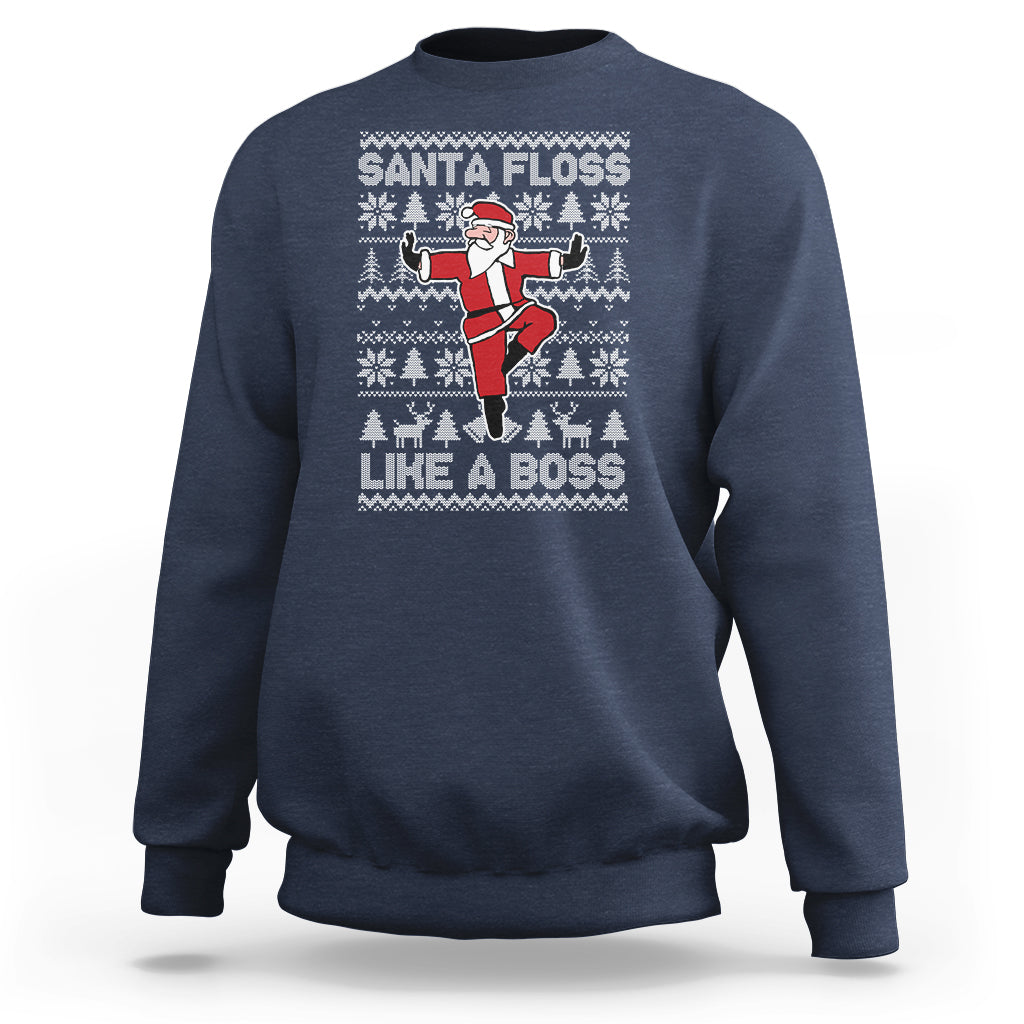 Men's navy Christmas sweatshirt with Santa “Santa Floss Like a Boss” graphic
