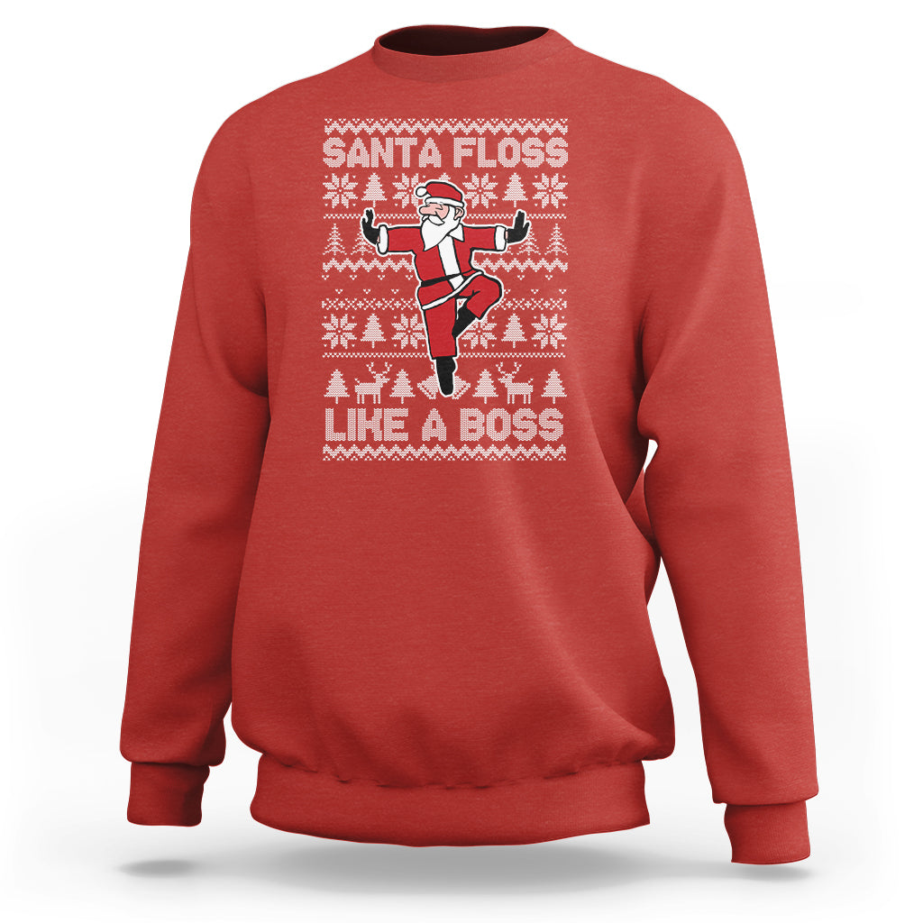 Men's red Christmas sweatshirt with Santa “Santa Floss Like a Boss” graphic