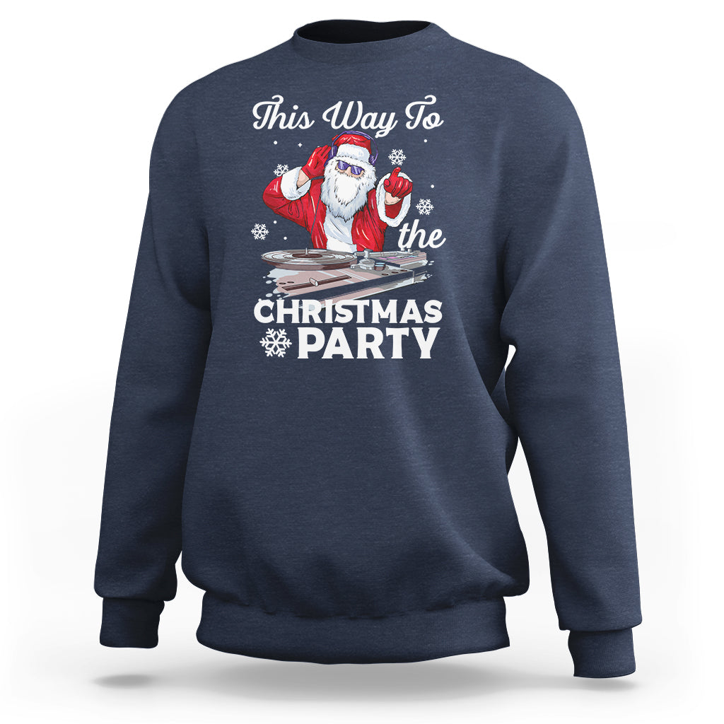 Navy crewneck sweatshirt with Santa DJ graphic and “Christmas Party” text on front.