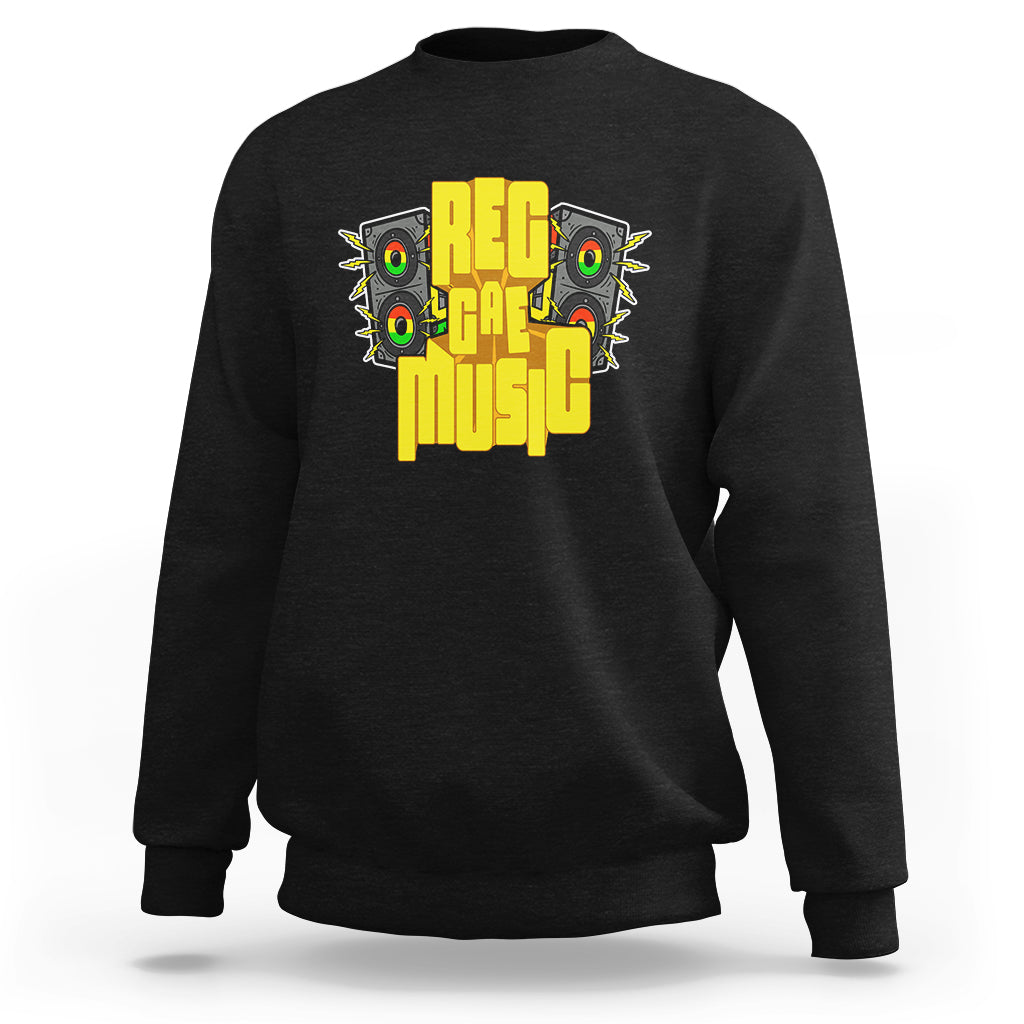 Black crewneck sweatshirt with bold reggae music graphic and speaker illustration on chest