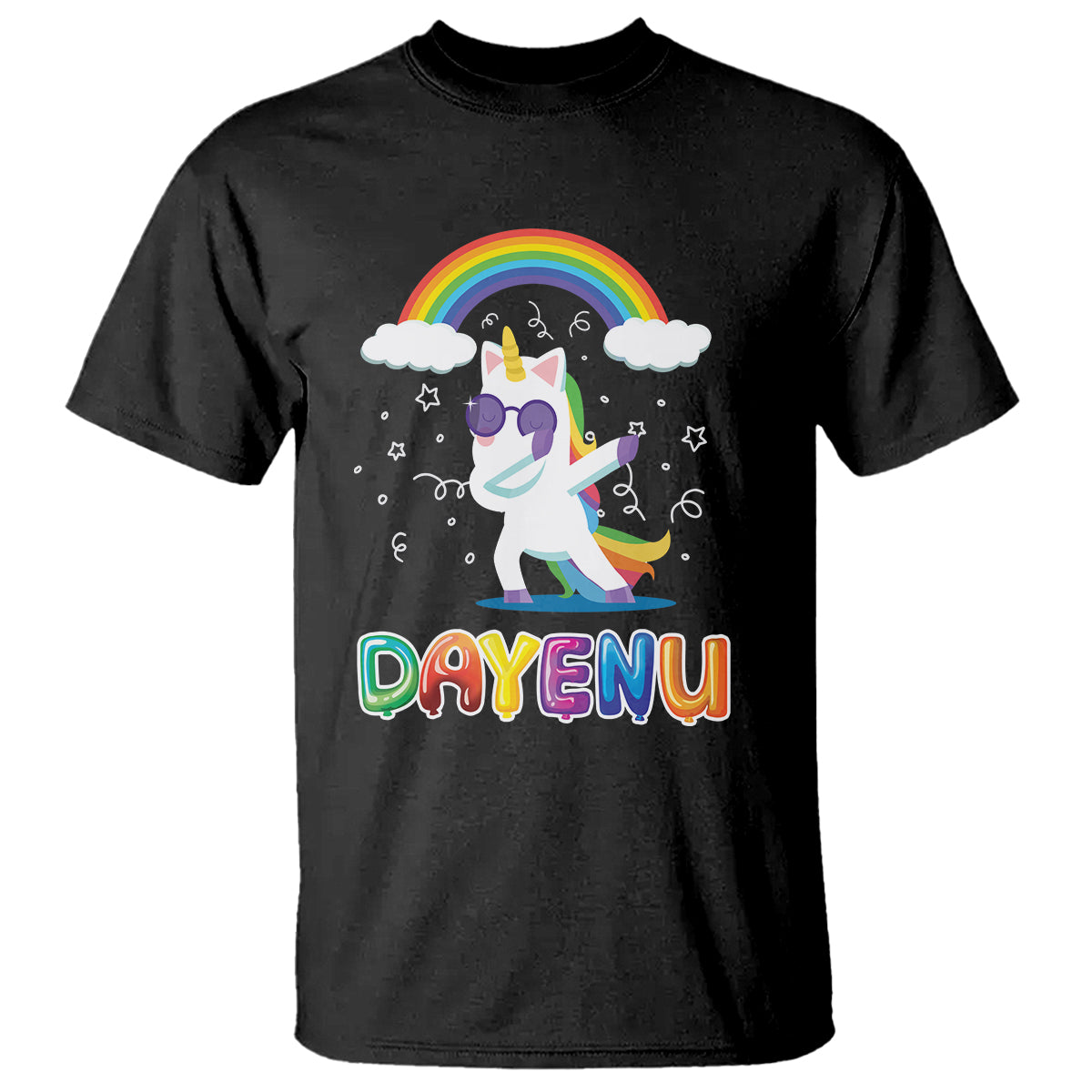 Black kids T-shirt with unicorn, rainbow, clouds and “DAYENU” front graphic