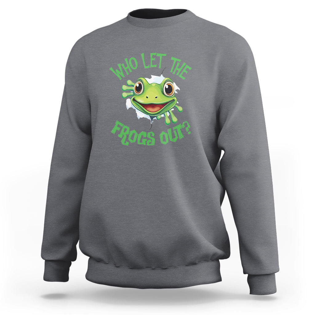 Charcoal gray sweatshirt with green frog graphic and text “Who Let The Frogs Out?”