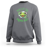Charcoal gray sweatshirt with green frog graphic and text “Who Let The Frogs Out?”