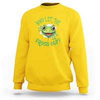 Daisy yellow sweatshirt with green frog graphic and text “Who Let The Frogs Out?”