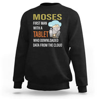 Black crewneck sweatshirt with Moses graphic and 'downloaded data from the cloud' print