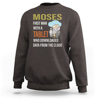 Dark chocolate crewneck sweatshirt with Moses graphic and 'downloaded data from the cloud' print