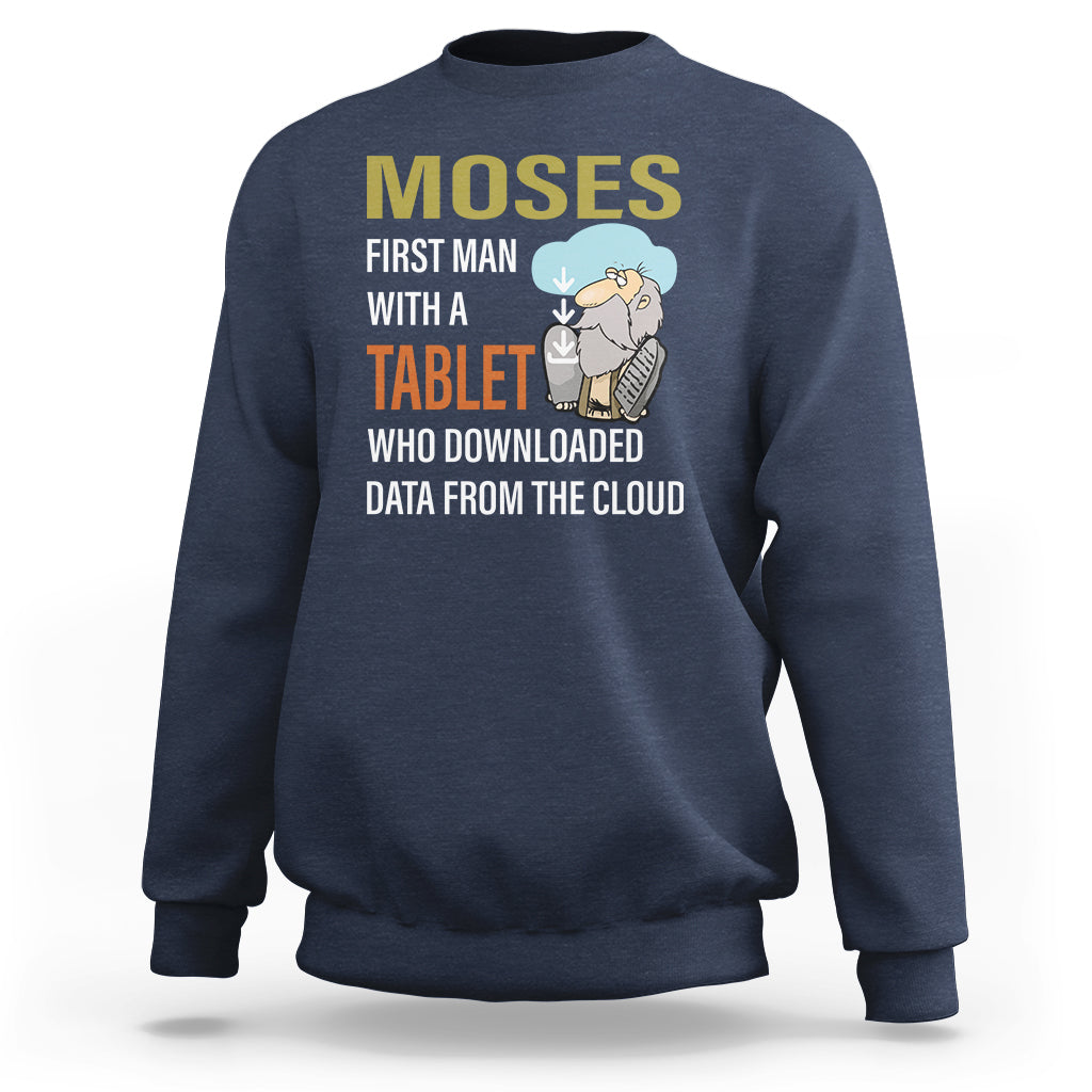 Navy crewneck sweatshirt with Moses graphic and 'downloaded data from the cloud' print