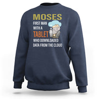 Navy crewneck sweatshirt with Moses graphic and 'downloaded data from the cloud' print