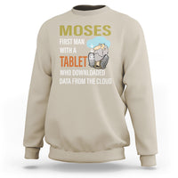 Sand crewneck sweatshirt with Moses graphic and 'downloaded data from the cloud' print