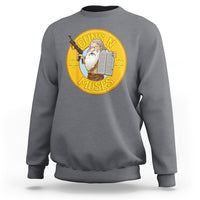 Charcoal gray crewneck sweatshirt with large round Moses graphic on the chest