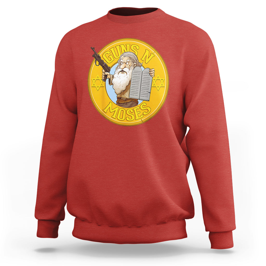 Red crewneck sweatshirt with large round Moses graphic on the chest