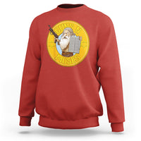 Red crewneck sweatshirt with large round Moses graphic on the chest