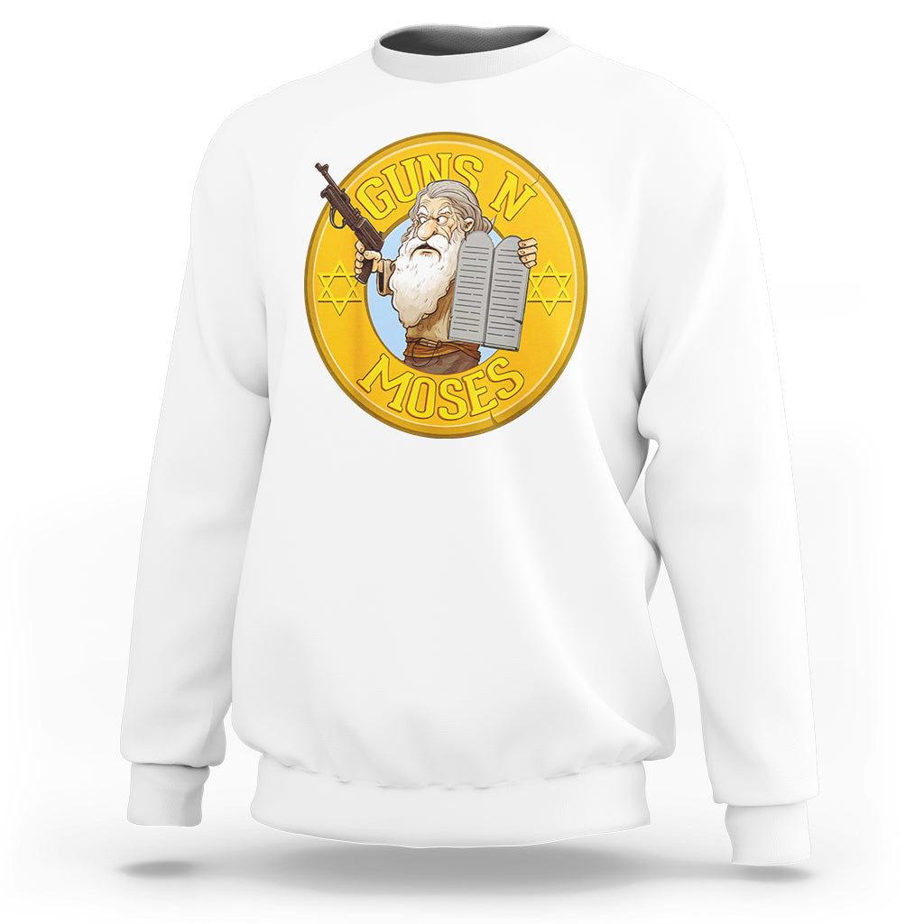 White crewneck sweatshirt with large round Moses graphic on the chest
