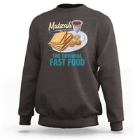 Dark chocolate brown sweatshirt with chest graphic of matzah, cup, and “THE ORIGINAL FAST FOOD” text.
