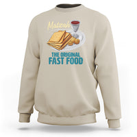 Sand beige sweatshirt with chest graphic of matzah, cup, and “THE ORIGINAL FAST FOOD” text.