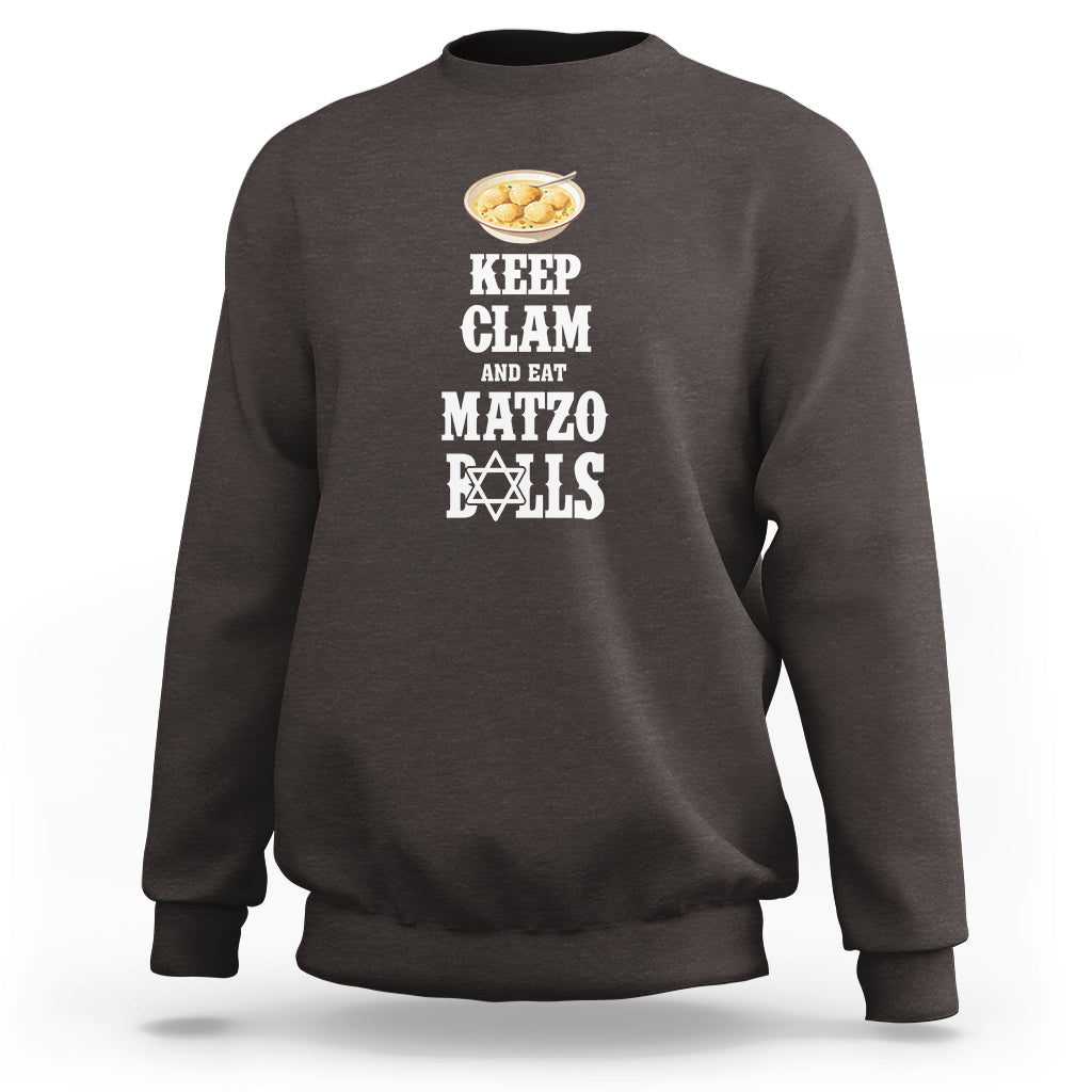 Dark chocolate passover sweatshirt with "Keep Calm and Eat Matzo Balls" graphic