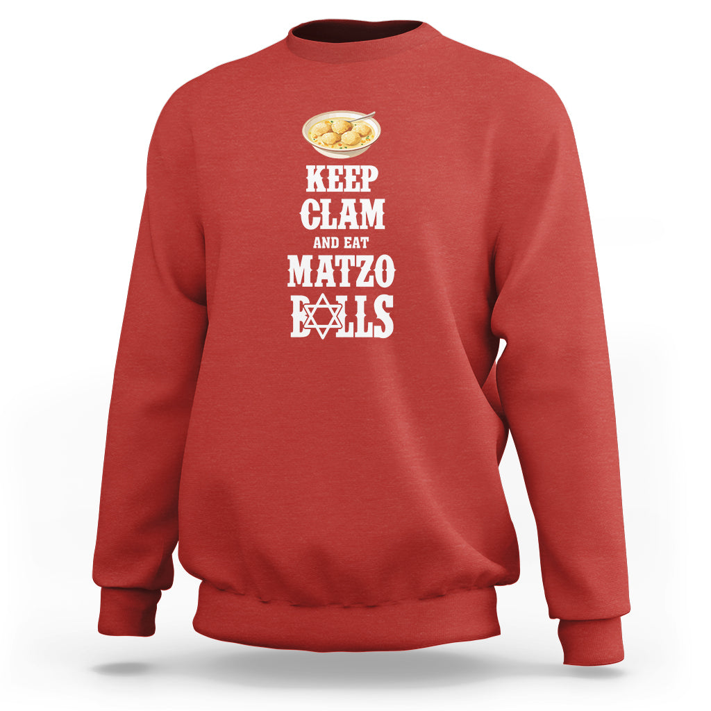 Red passover sweatshirt with "Keep Calm and Eat Matzo Balls" graphic