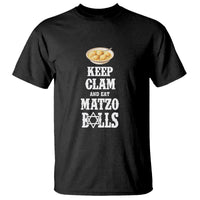 Black funny Passover graphic T-shirt with “Keep Clam and Eat Matzo Balls” design
