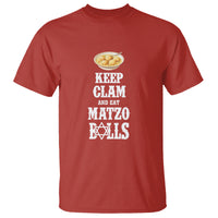 Red funny Passover graphic T-shirt with “Keep Clam and Eat Matzo Balls” design