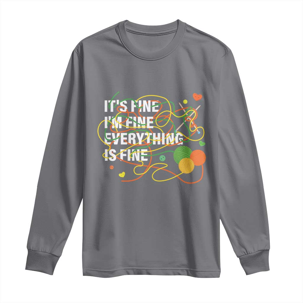 Charcoal crewneck long-sleeve T-shirt with colorful 'everything is fine' graphic