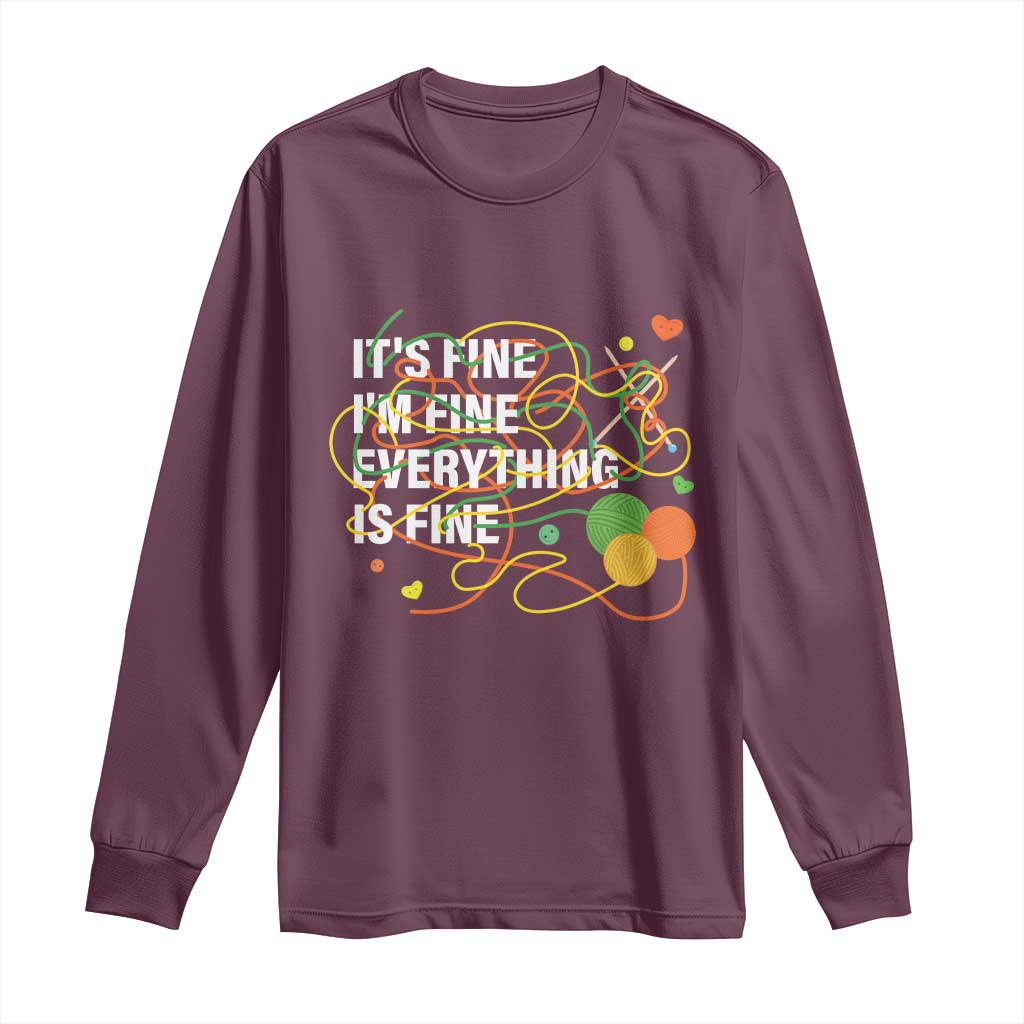 Maroon crewneck long-sleeve T-shirt with colorful 'everything is fine' graphic