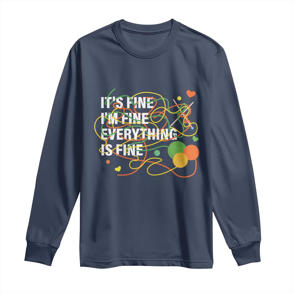 Navy crewneck long-sleeve T-shirt with colorful 'everything is fine' graphic
