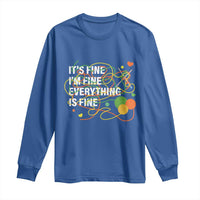 Royal blue crewneck long-sleeve T-shirt with colorful 'everything is fine' graphic