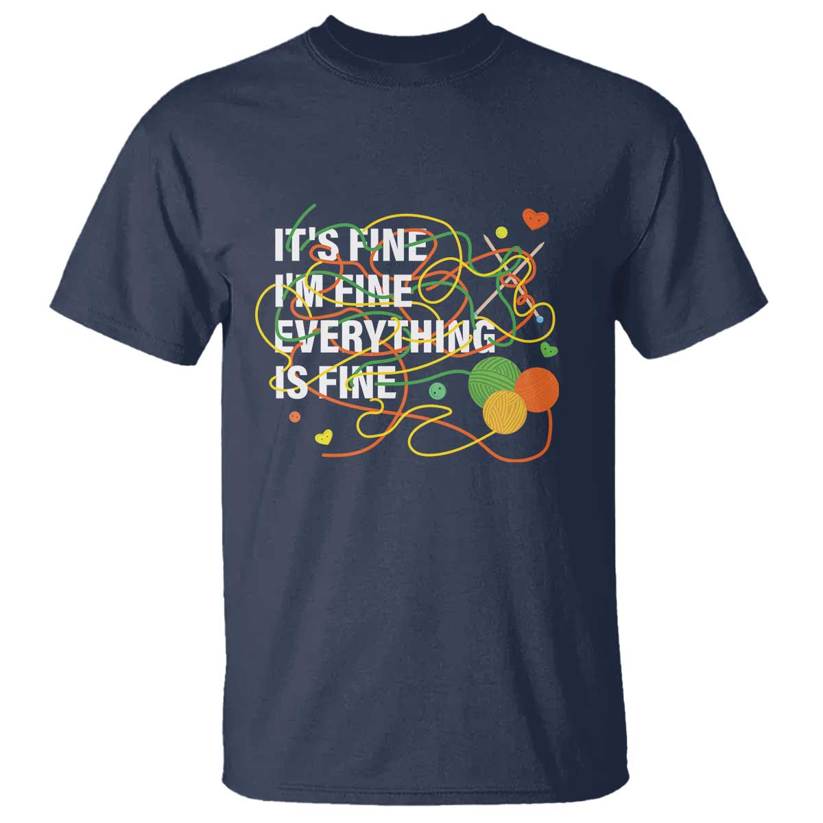 Navy T-shirt with multicolor "It's fine" graphic print on the front