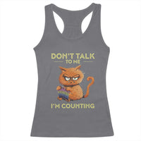 Funny crochet cat racerback tank top, charcoal gray with “Don’t talk to me” print