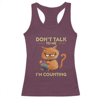 Funny crochet cat racerback tank top, maroon with “Don’t talk to me” cat graphic