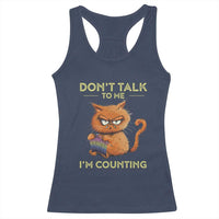 Funny crochet cat racerback tank top, navy with “Don’t talk to me” cat graphic