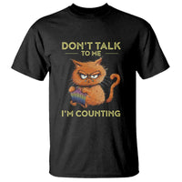 Black crewneck T-shirt with orange cat "Don't talk" and "I'm counting" graphic