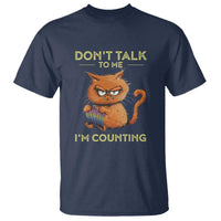 Navy crewneck T-shirt with orange cat "Don't talk" and "I'm counting" graphic