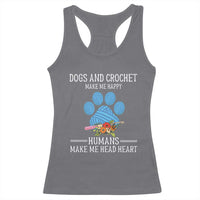 Charcoal racerback tank top with dog paw graphic and Make Me Happy text