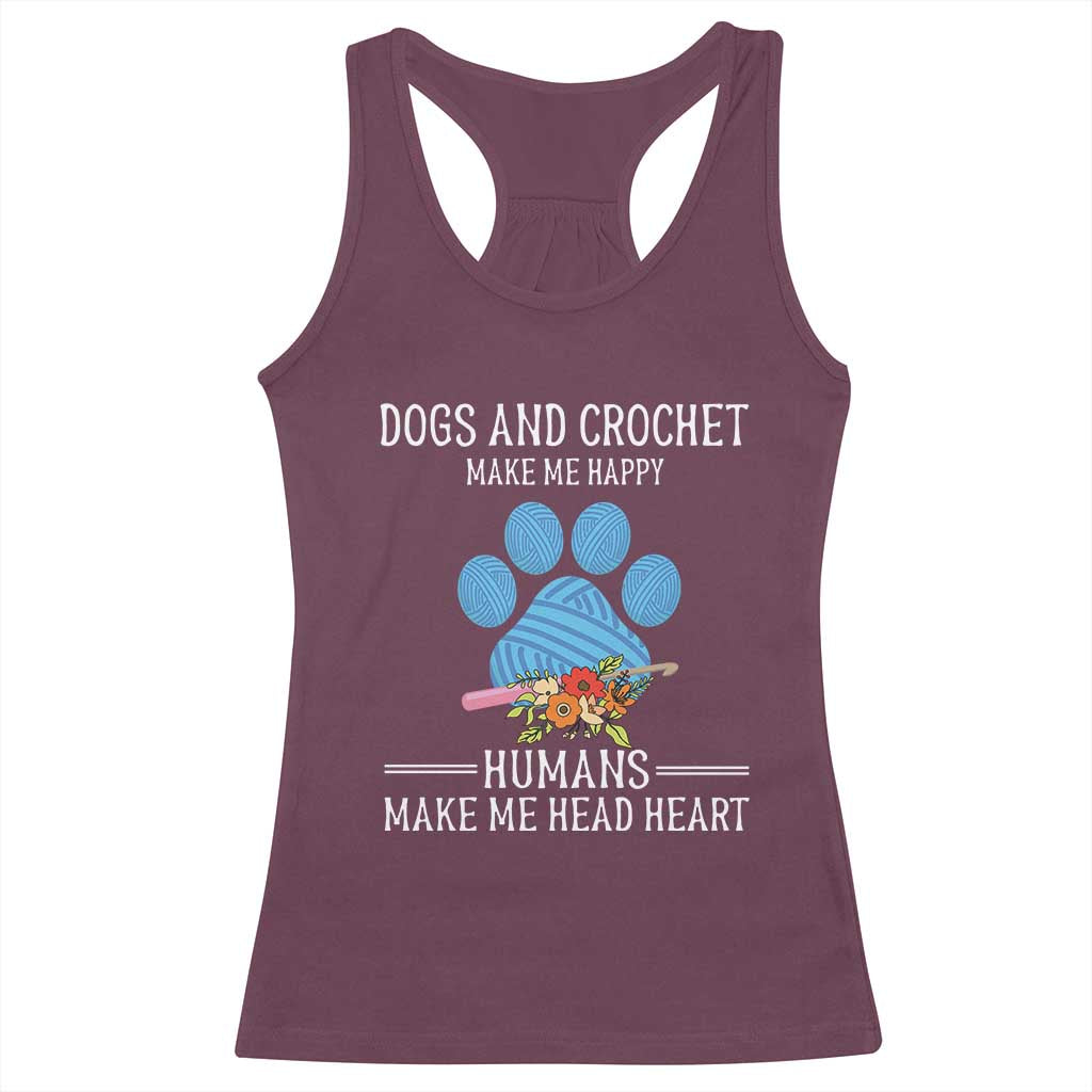Maroon racerback tank top with dog paw graphic and Make Me Happy text