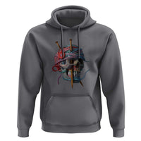 Charcoal gray crochet-style skull graphic hoodie with kangaroo pocket and drawstring hood