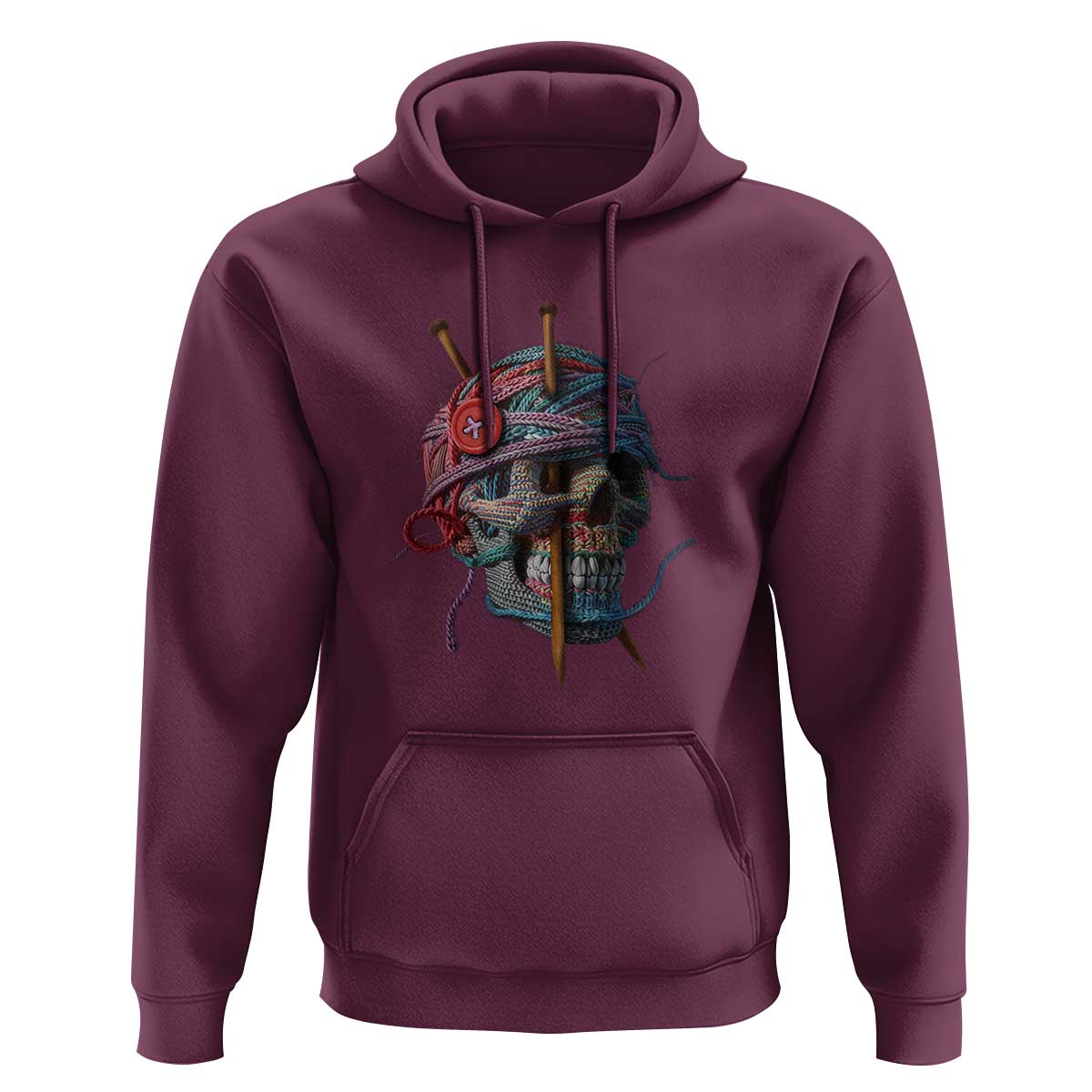 Maroon crochet-style skull graphic hoodie with front kangaroo pocket and drawstring hood