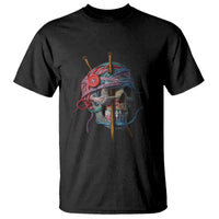 Black T-shirt with knit-style skull graphic and yarn needles