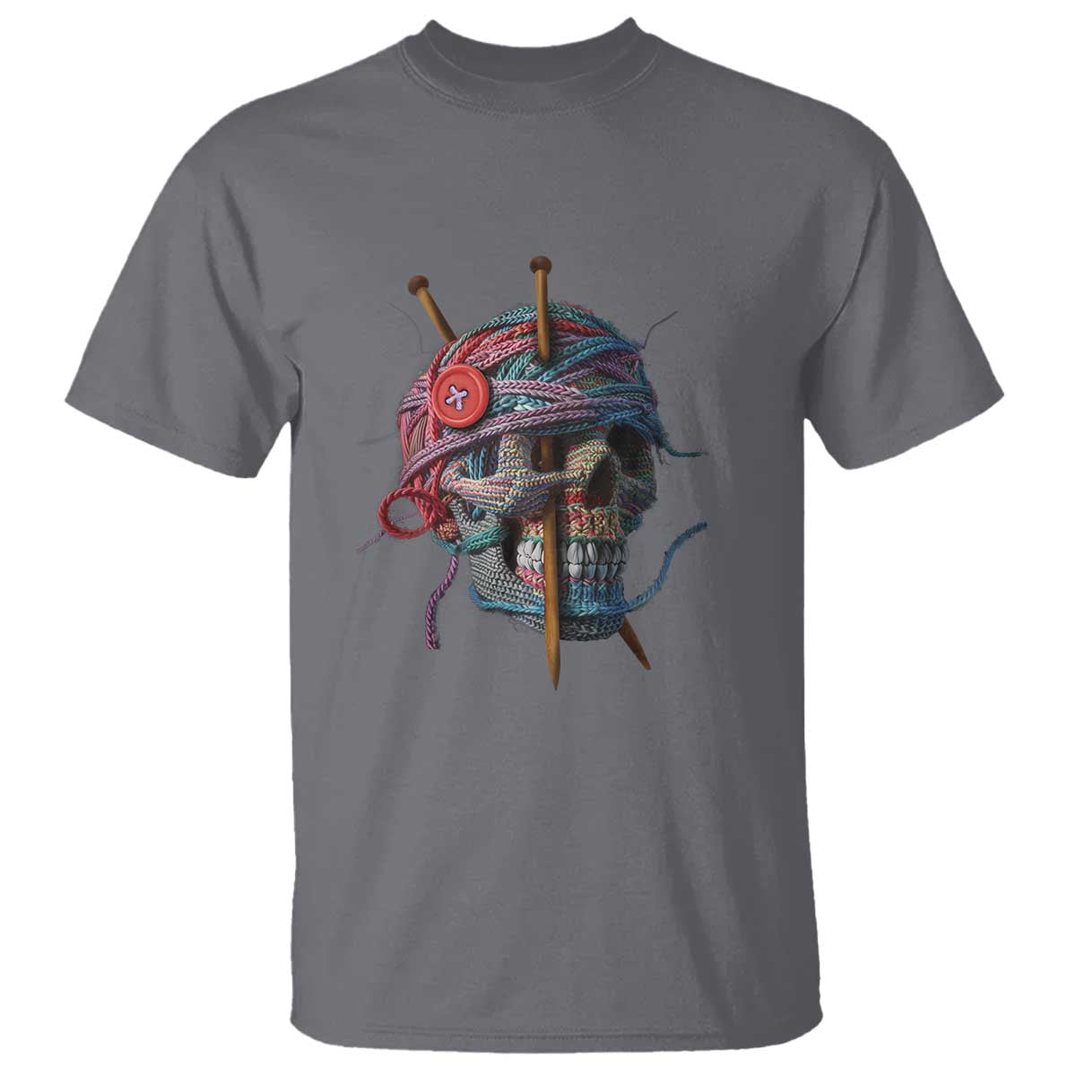 Charcoal T-shirt with knit-style skull graphic and yarn needles