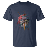 Navy T-shirt with knit-style skull graphic and yarn needles