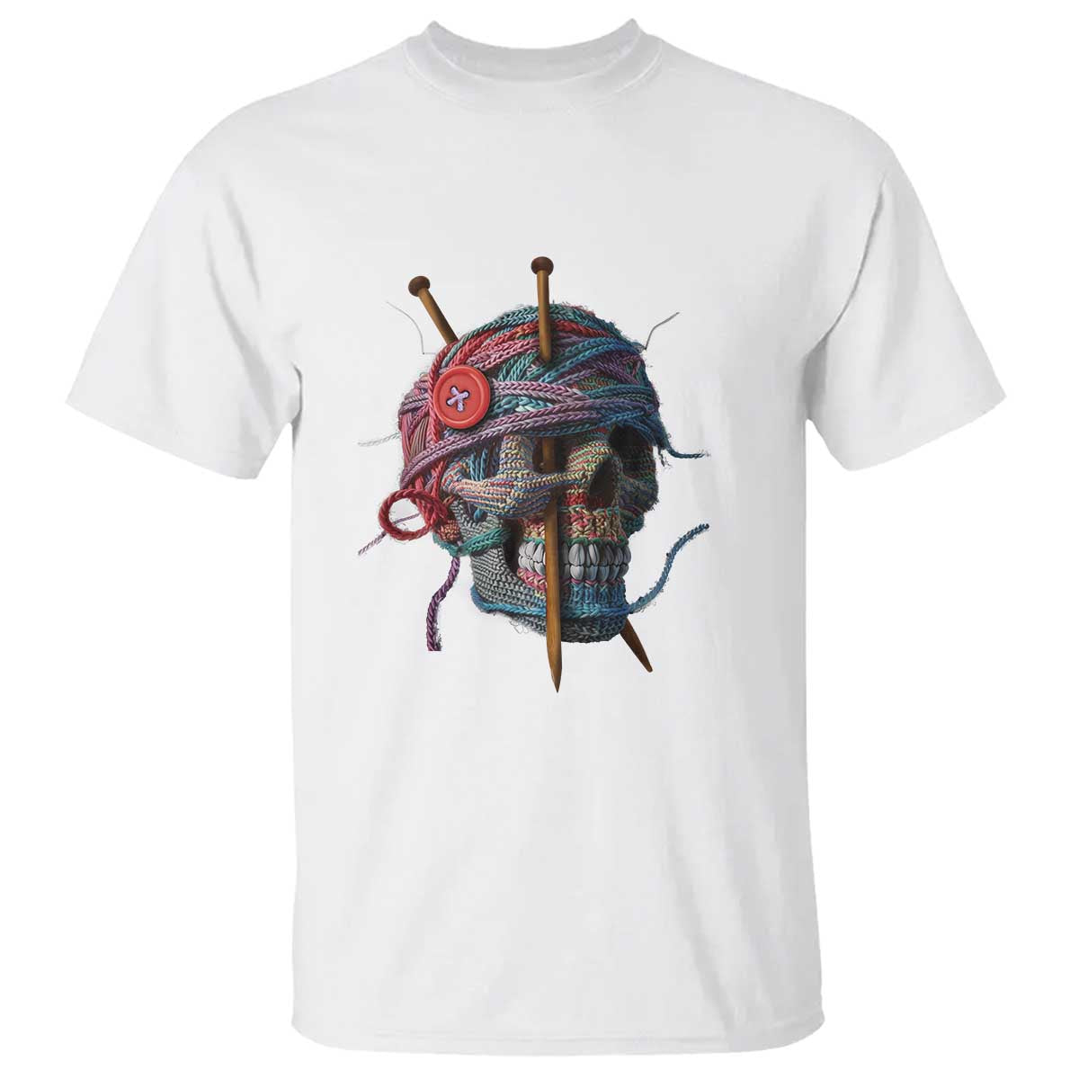 White T-shirt with knit-style skull graphic and yarn needles
