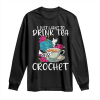 Black long-sleeve shirt with front graphic text "Drink Tea" and "Crochet"