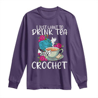 Purple long-sleeve shirt with front graphic "Drink Tea" and "Crochet"