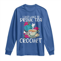 Royal blue long-sleeve shirt with front graphic "Drink Tea" and "Crochet"