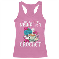 Rose pink racerback tank top with crochet-themed graphic print