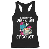 Black racerback tank top with crochet-themed graphic print