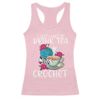 Light pink racerback tank top with crochet-themed graphic print
